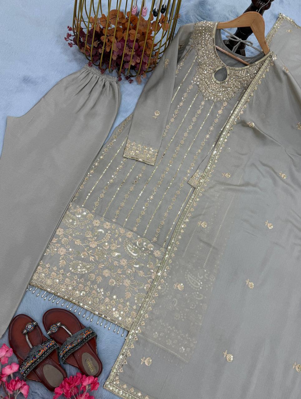 Gray Chinon Silk Kurta Bottom Set with Sequins, Rivet Moti Work