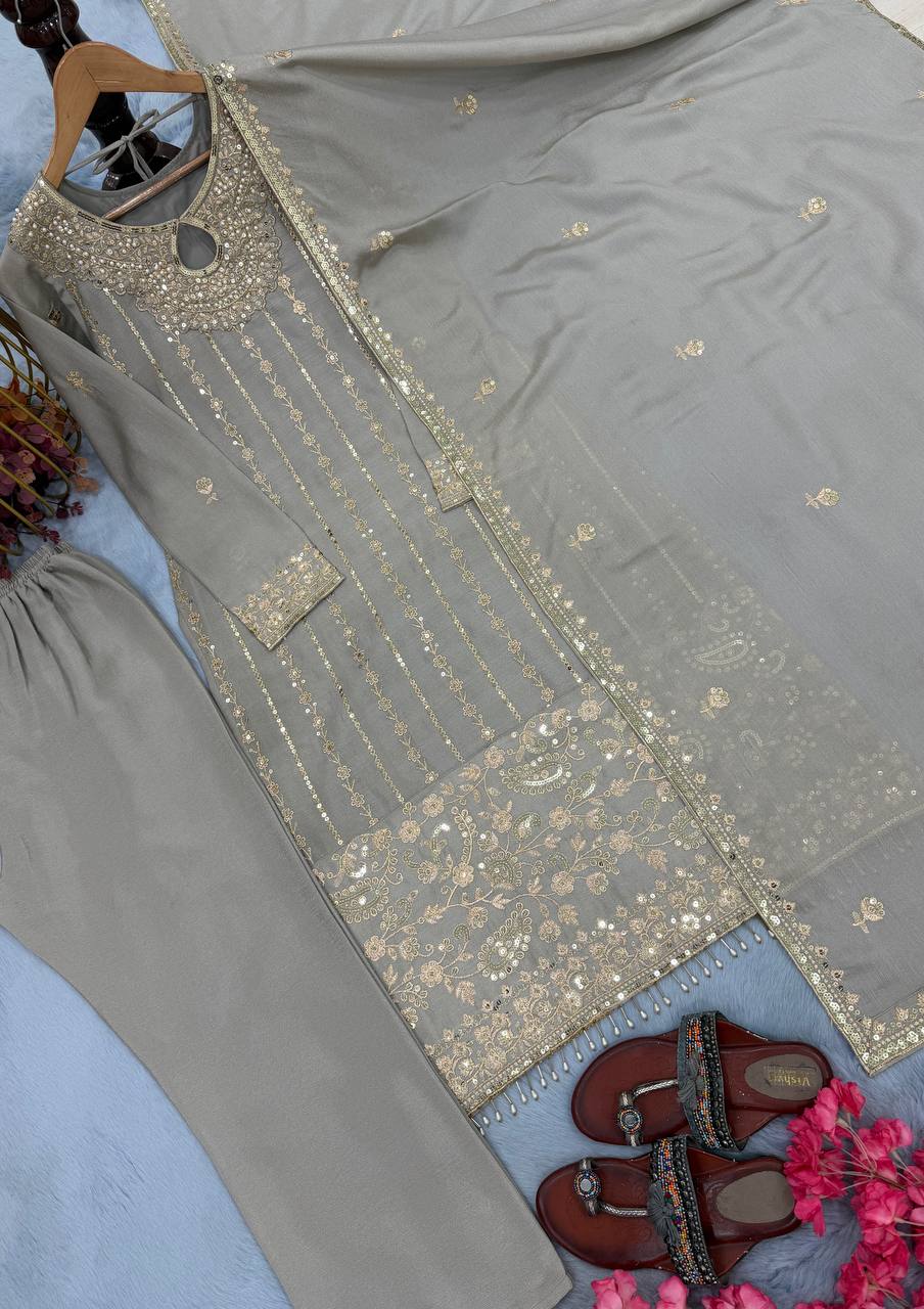 Gray Chinon Silk Kurta Bottom Set with Sequins, Rivet Moti Work
