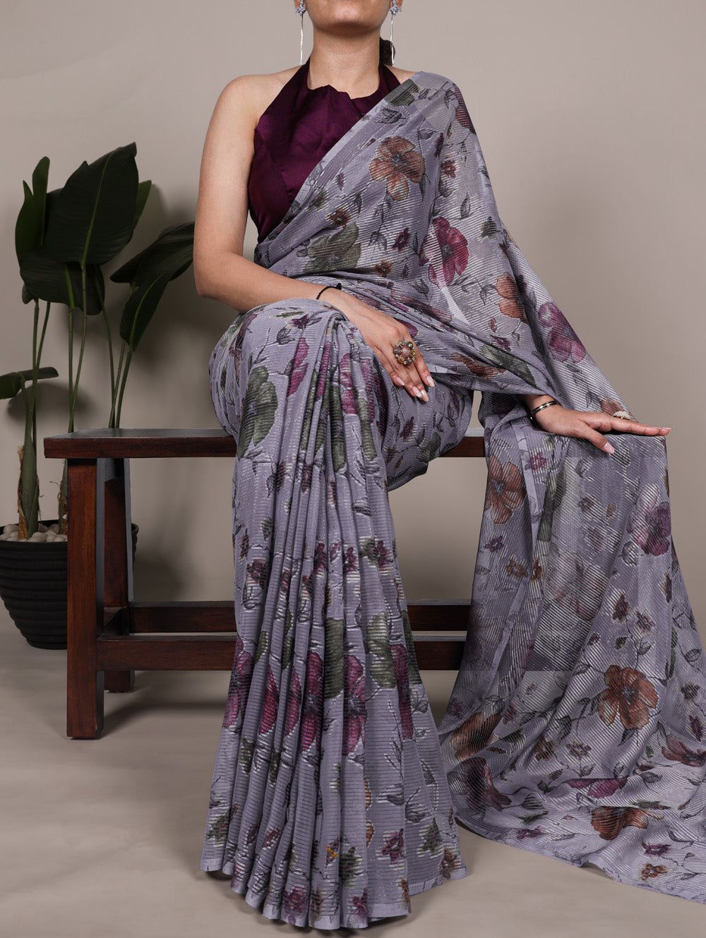 Grey floral lurex brasso saree with natural silk blouse