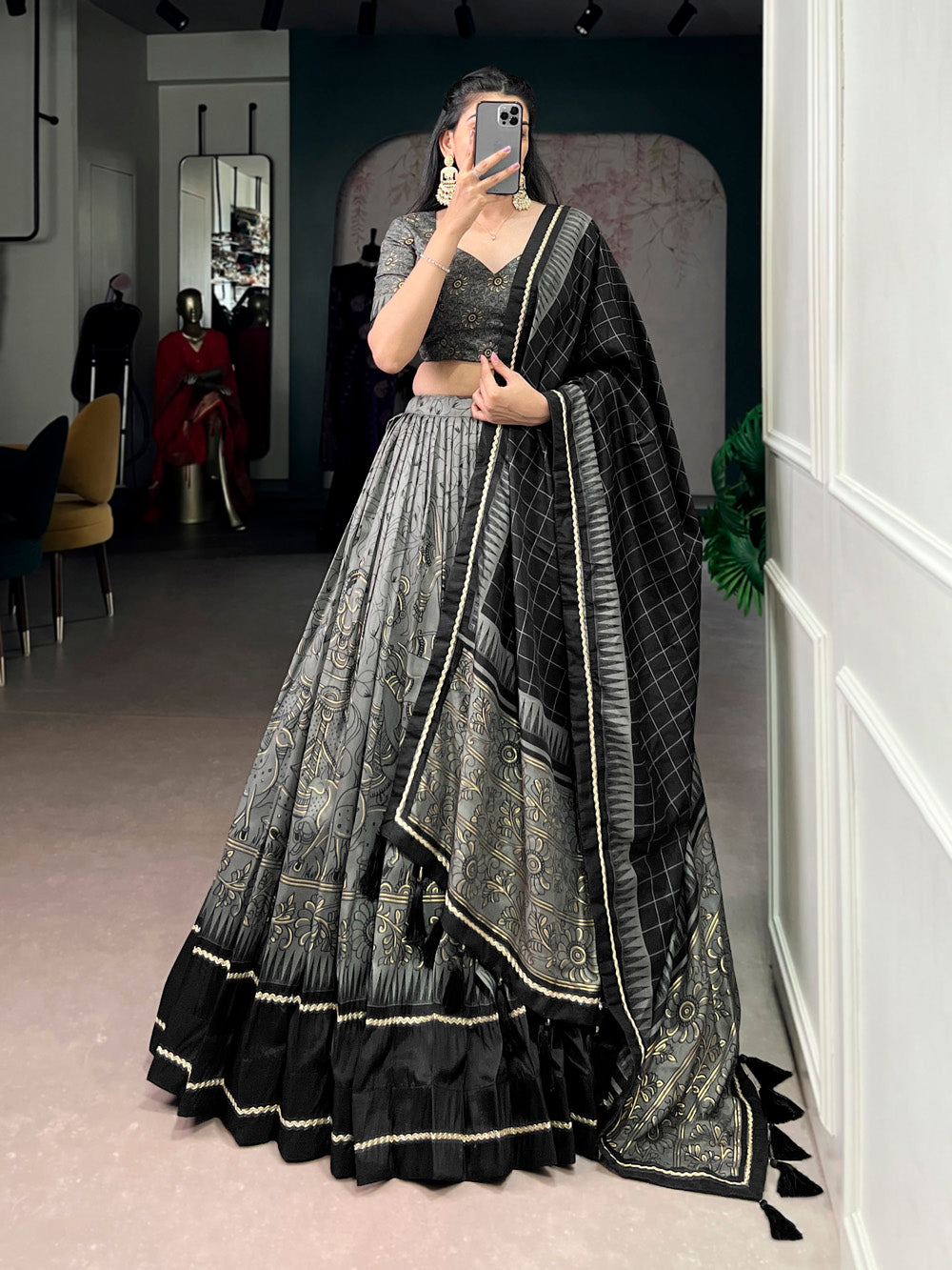 Gray color kalamkari printed lehenga choli