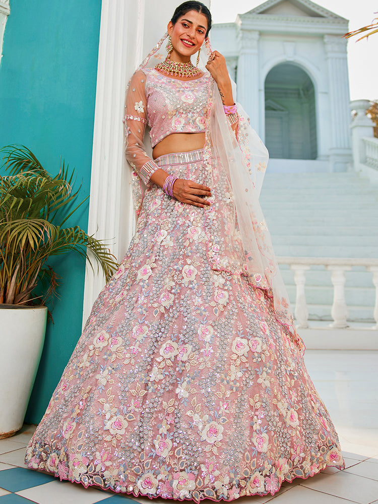 Gray Double Sequin Embroidered Net Lehenga Choli Dupatta Set with Mirror & Thread Work