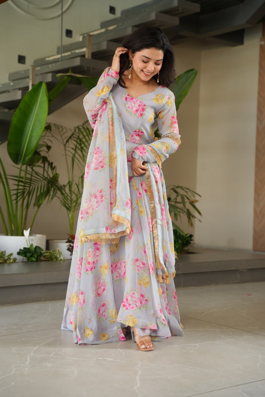 Gray Elegant Faux Georgette Digital Print Gown Set with Dupatta