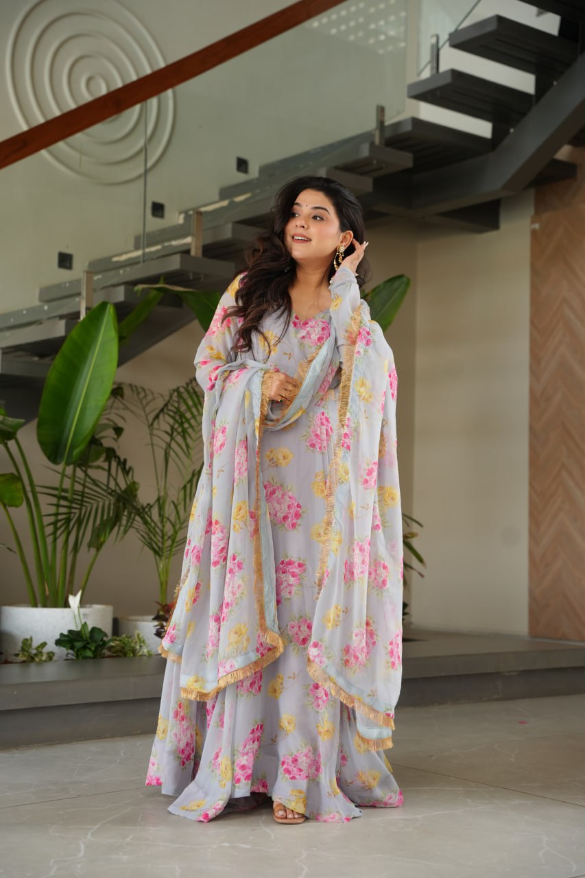 Gray Elegant Faux Georgette Digital Print Gown Set with Dupatta