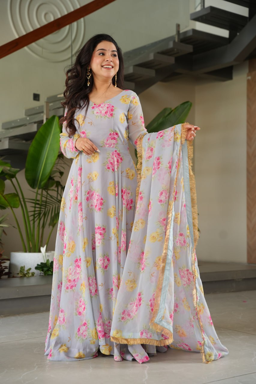 Gray Elegant Faux Georgette Digital Print Gown Set with Dupatta