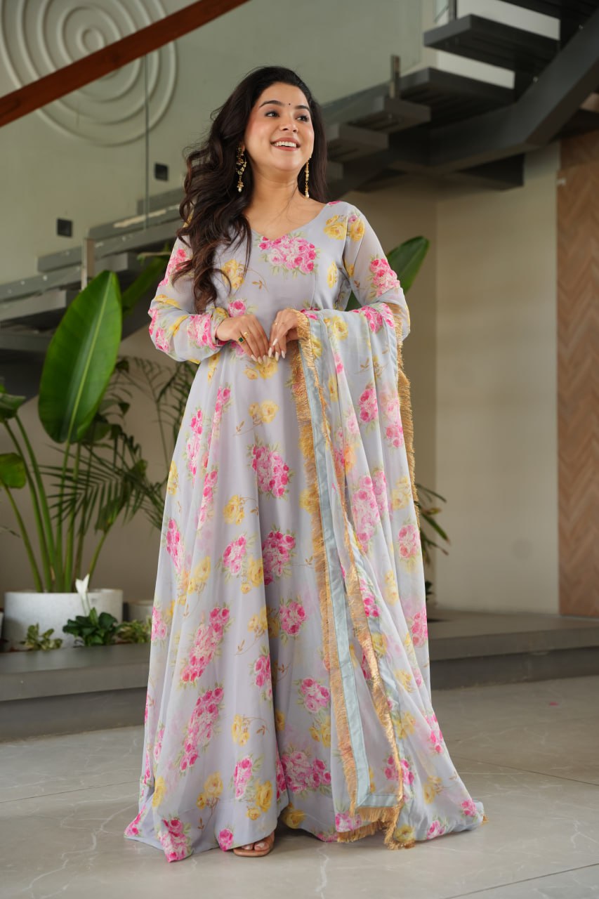 Gray Elegant Faux Georgette Digital Print Gown Set with Dupatta