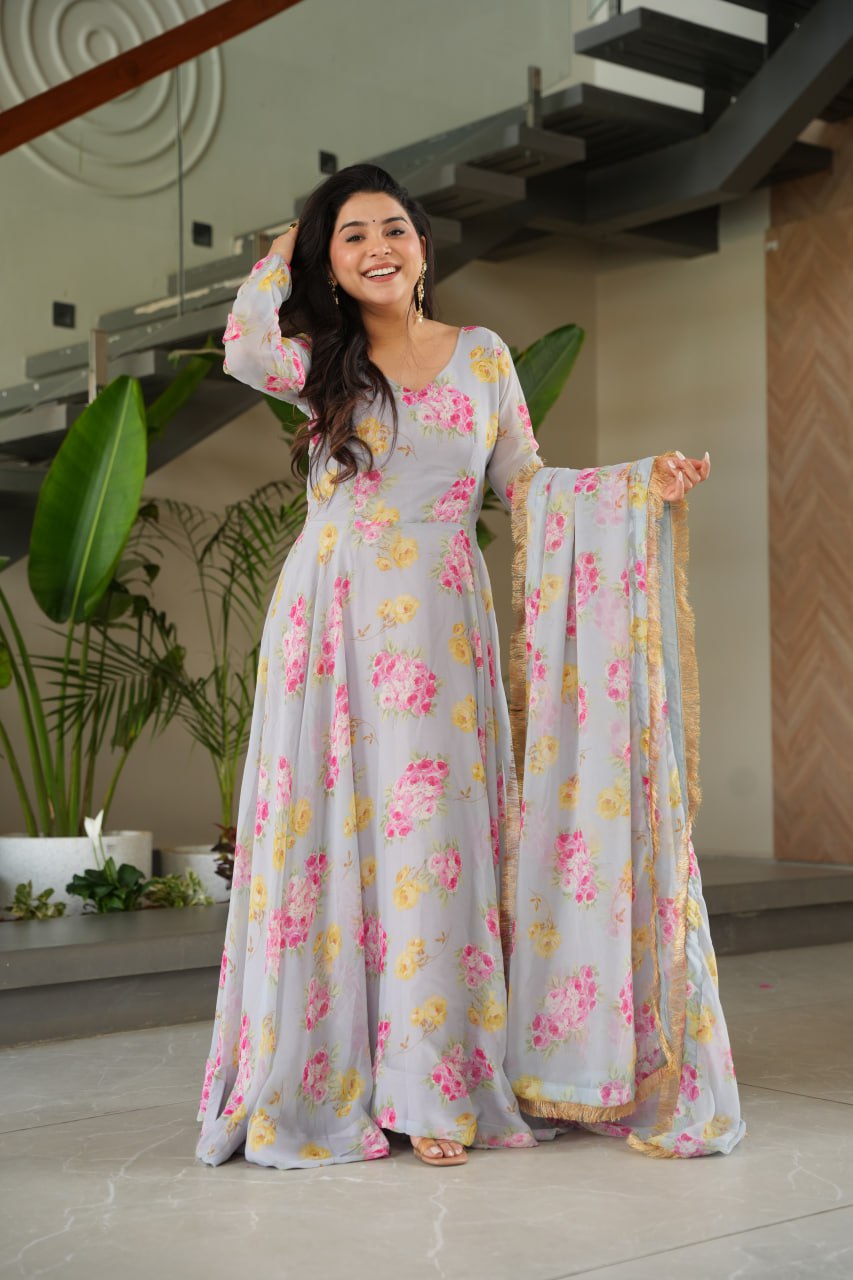 Gray Elegant Faux Georgette Digital Print Gown Set with Dupatta