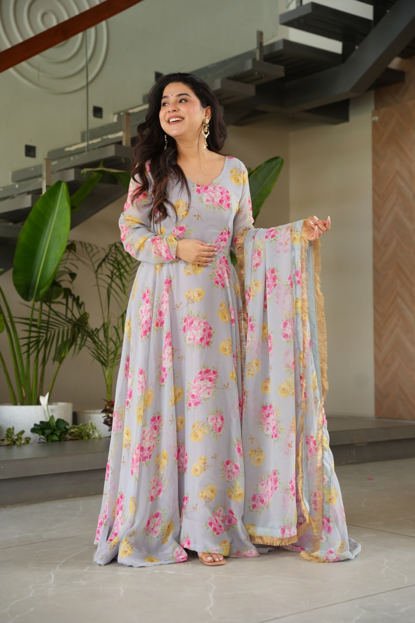 Gray Elegant Faux Georgette Digital Print Gown Set with Dupatta