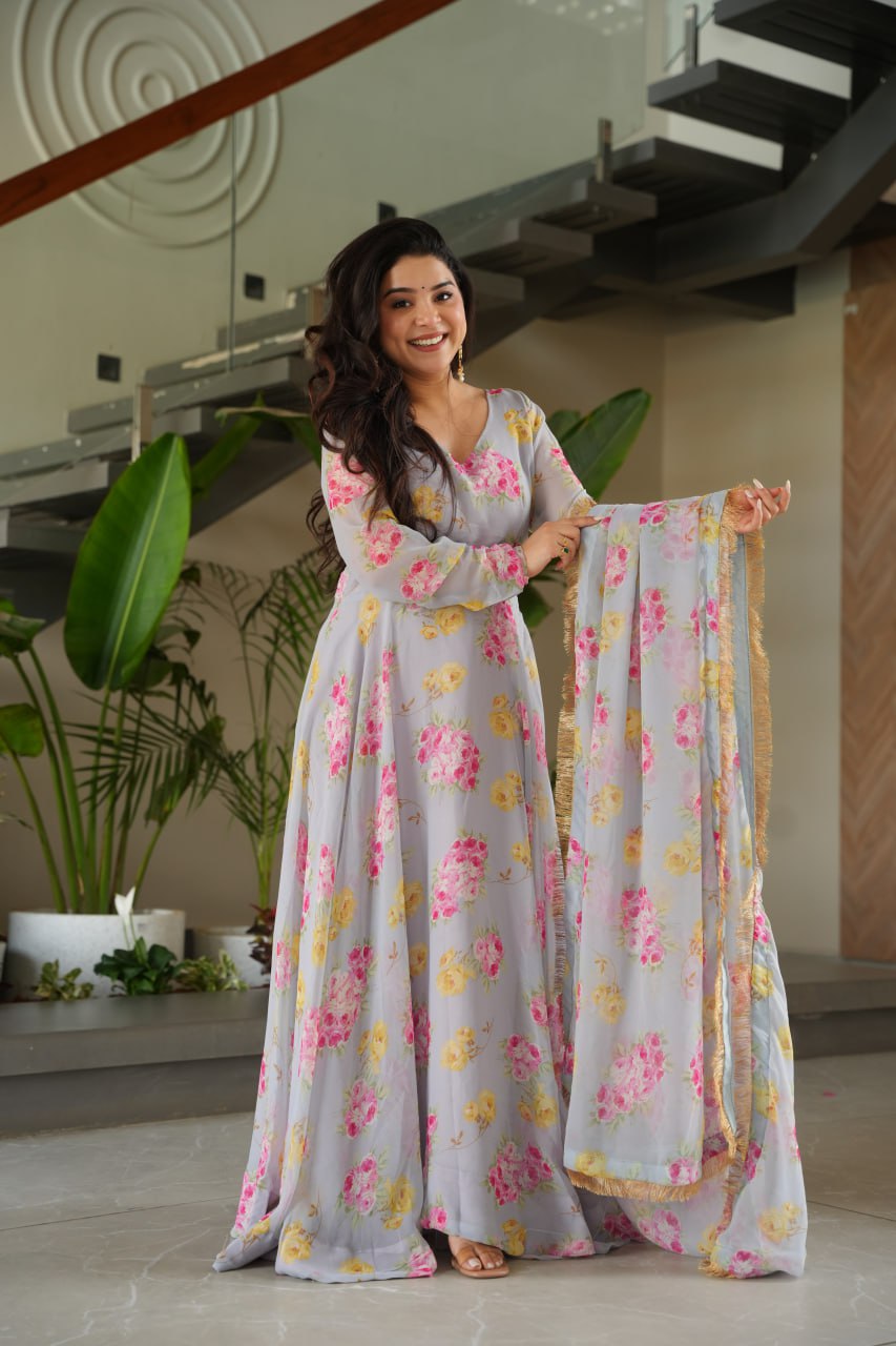 Gray Elegant Faux Georgette Digital Print Gown Set with Dupatta