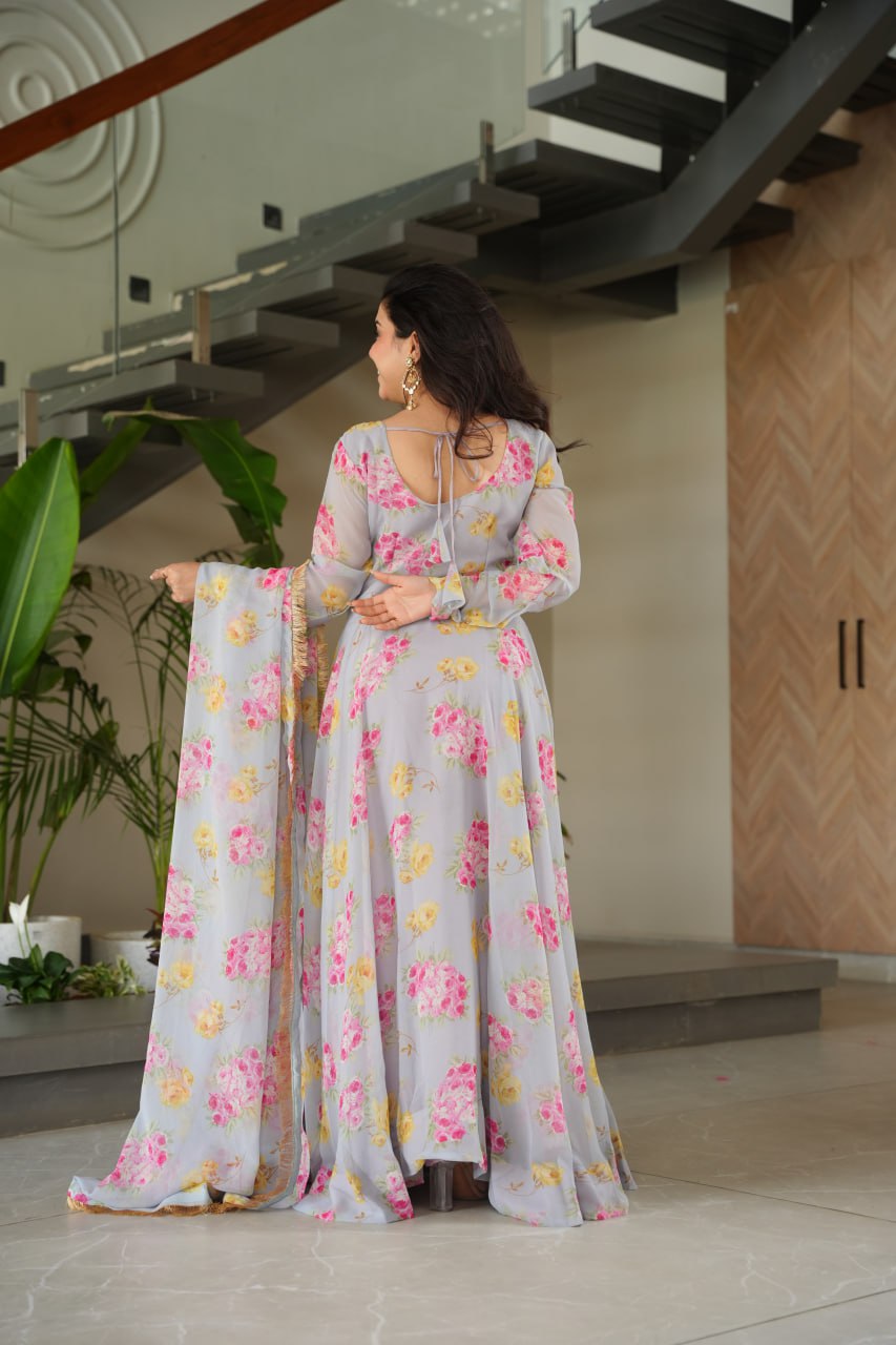 Gray Elegant Faux Georgette Digital Print Gown Set with Dupatta