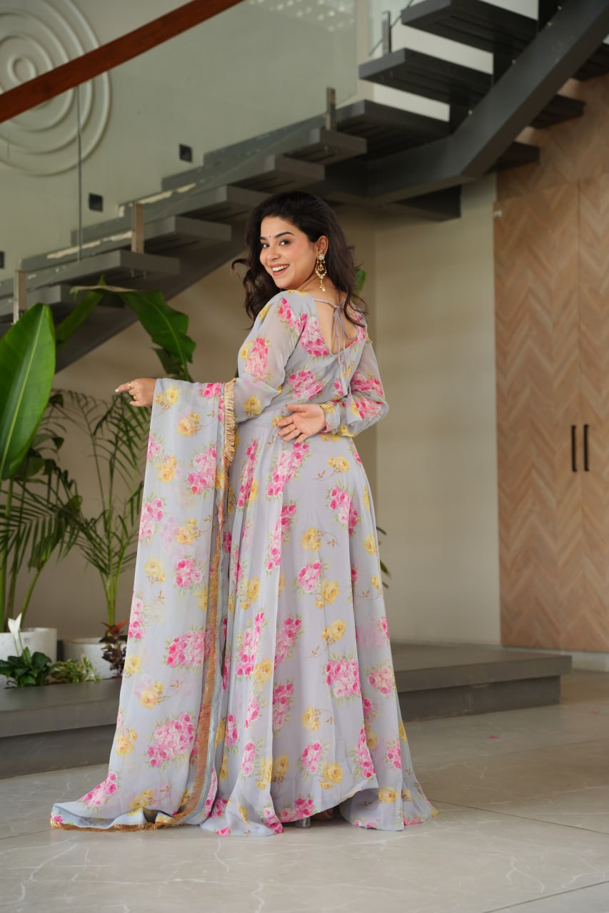 Gray Elegant Faux Georgette Digital Print Gown Set with Dupatta
