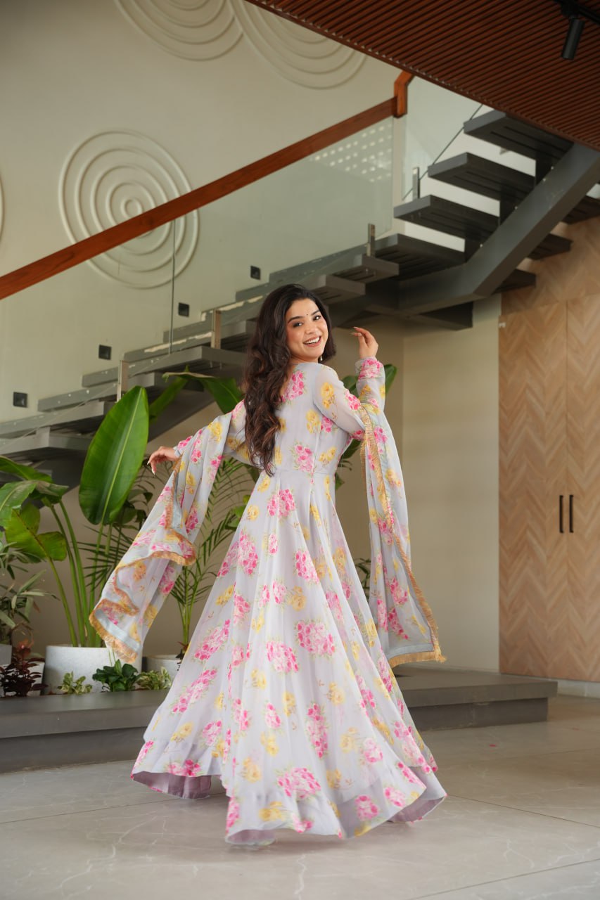 Gray Elegant Faux Georgette Digital Print Gown Set with Dupatta