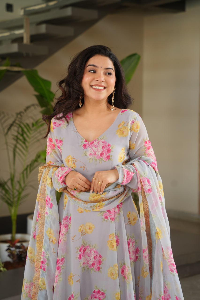 Gray Elegant Faux Georgette Digital Print Gown Set with Dupatta