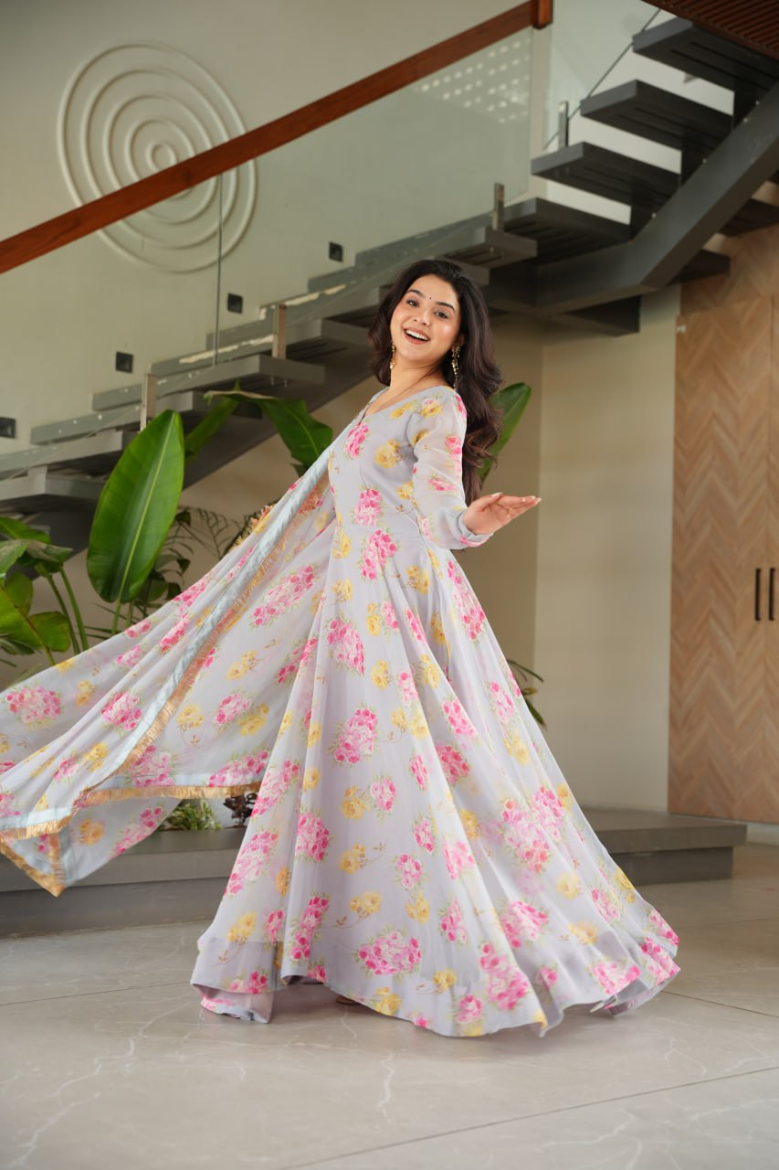 Gray Elegant Faux Georgette Digital Print Gown Set with Dupatta