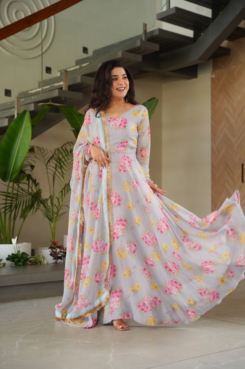 Gray Elegant Faux Georgette Digital Print Gown Set with Dupatta