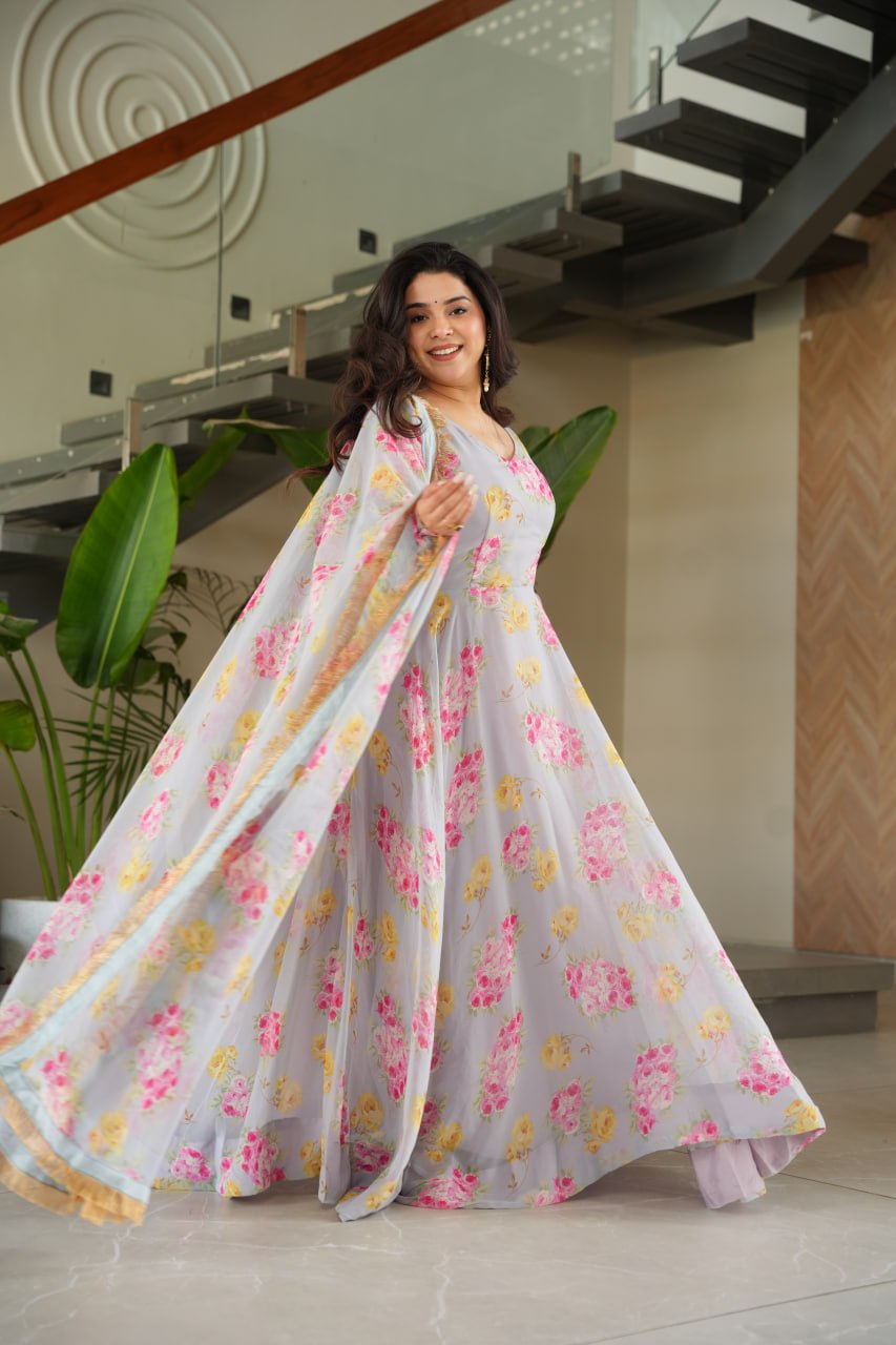 Gray Elegant Faux Georgette Digital Print Gown Set with Dupatta