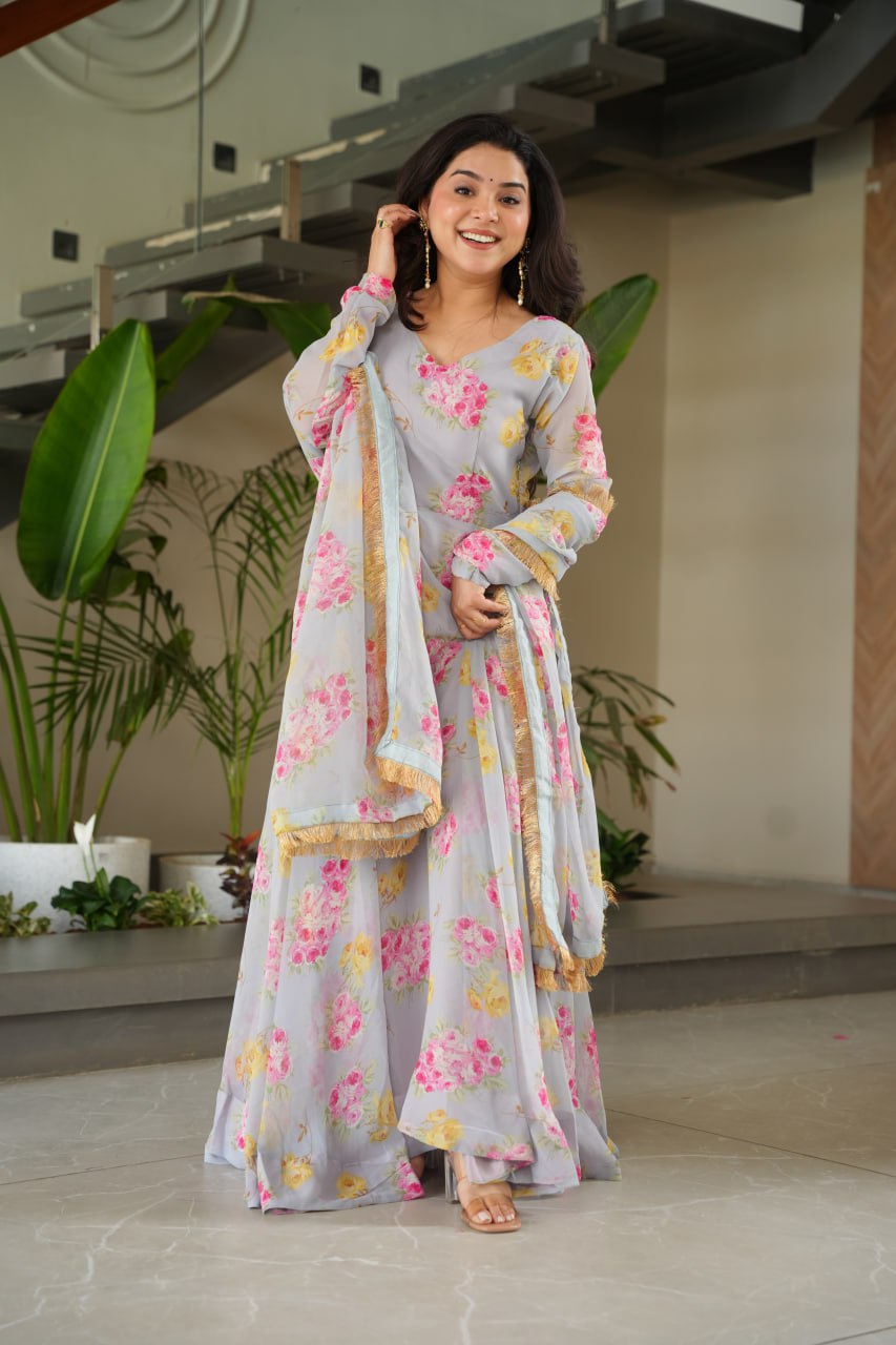 Gray Elegant Faux Georgette Digital Print Gown Set with Dupatta