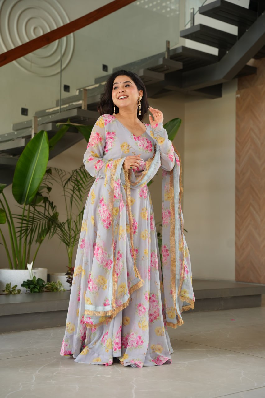 Gray Elegant Faux Georgette Digital Print Gown Set with Dupatta