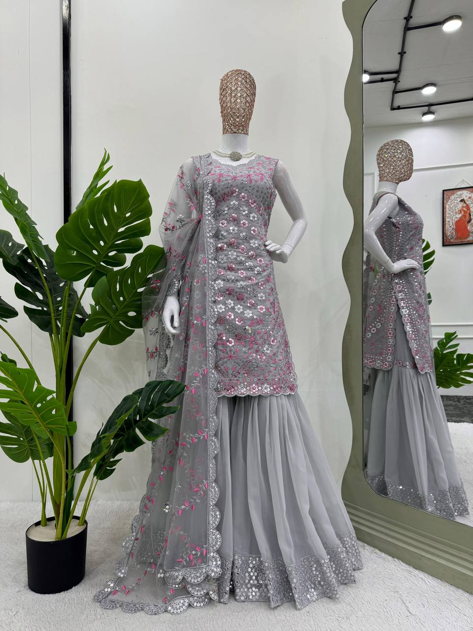 Gray Elegant Faux Georgette Sharara Set