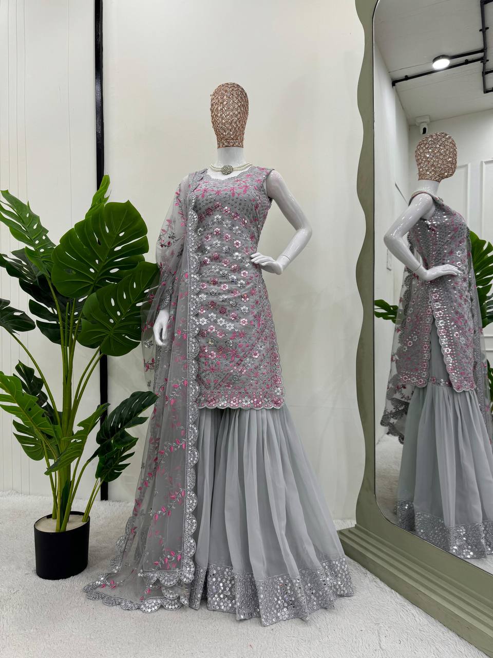 Gray Elegant Faux Georgette Sharara Set