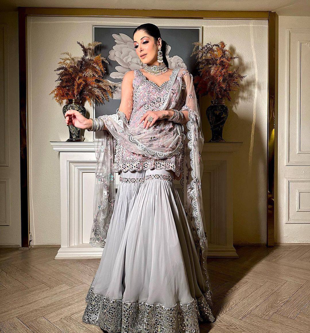 Gray Elegant Faux Georgette Sharara Set