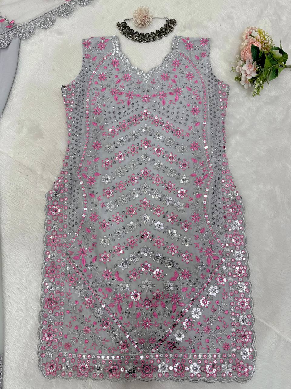 Gray Elegant Faux Georgette Sharara Set