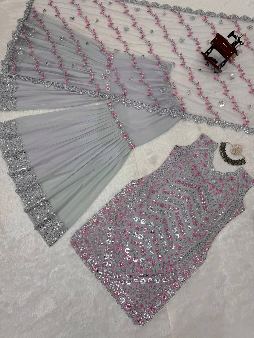 Gray Elegant Faux Georgette Sharara Set