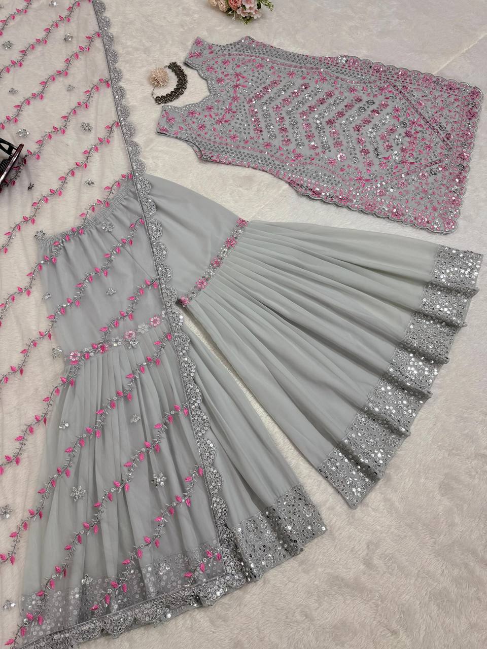 Gray Elegant Faux Georgette Sharara Set