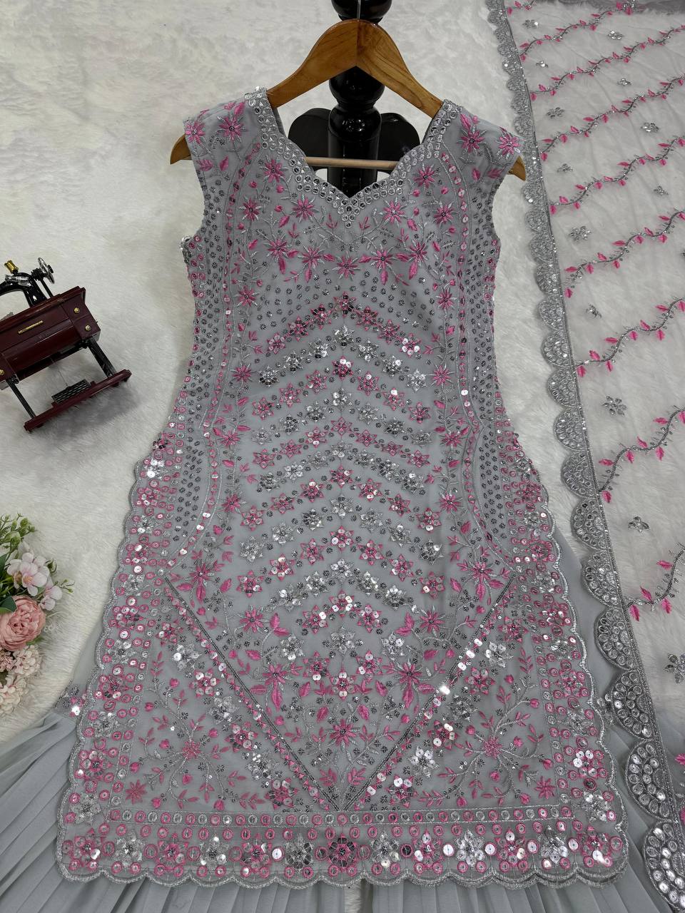 Gray Elegant Faux Georgette Sharara Set