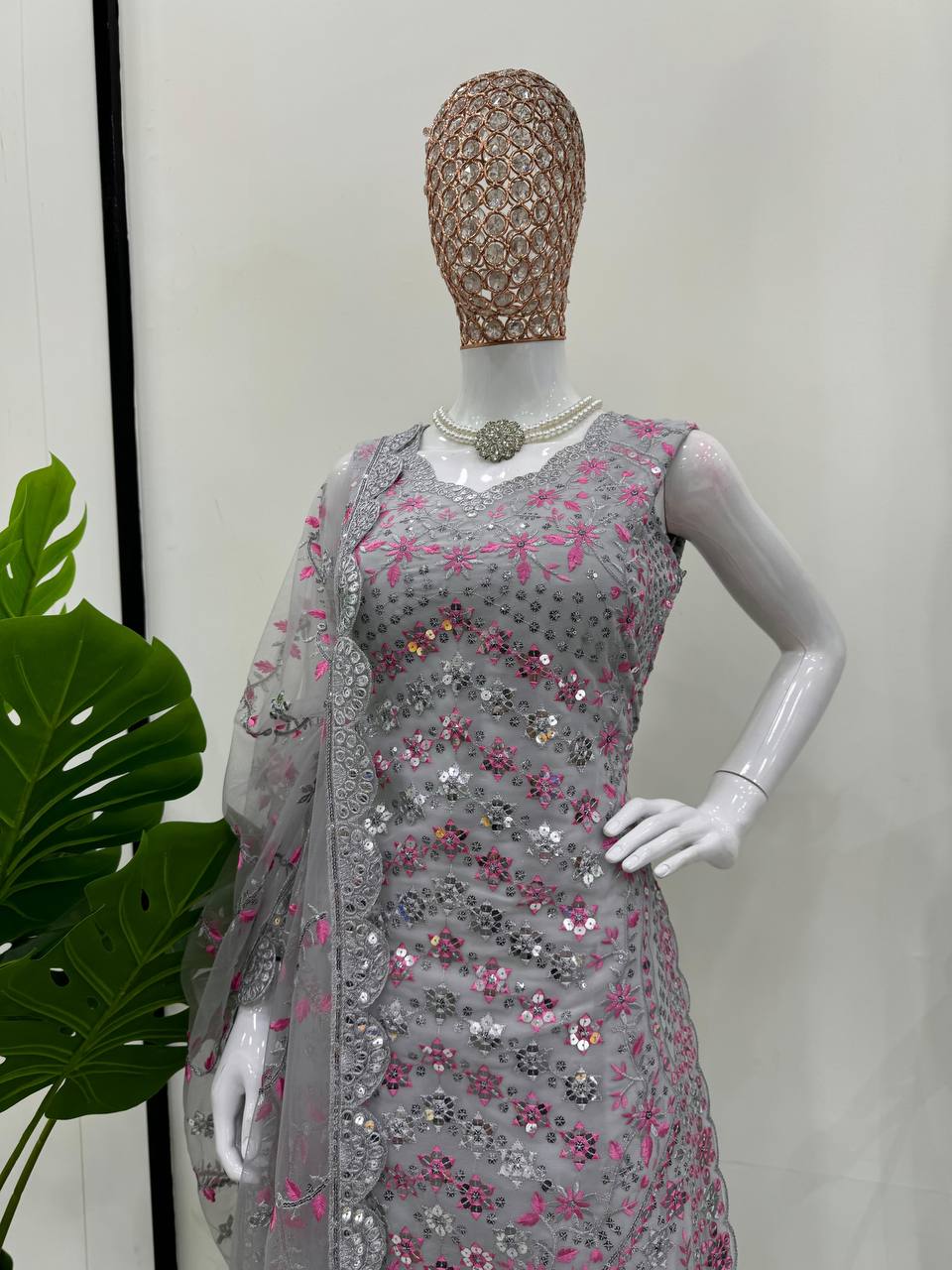 Gray Elegant Faux Georgette Sharara Set