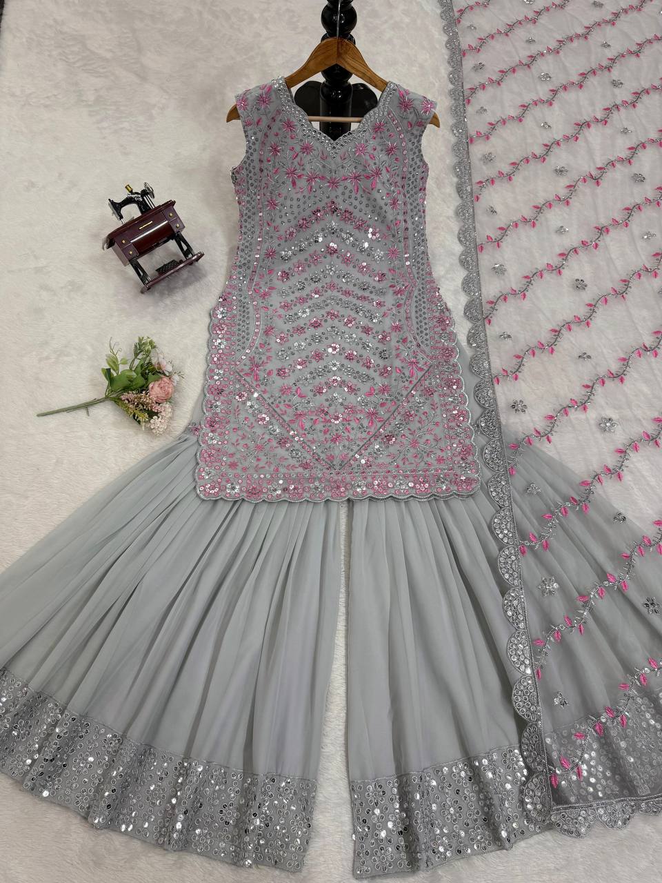 Gray Elegant Faux Georgette Sharara Set