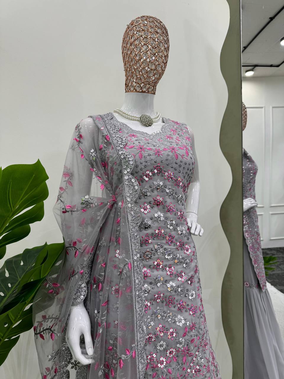 Gray Elegant Faux Georgette Sharara Set