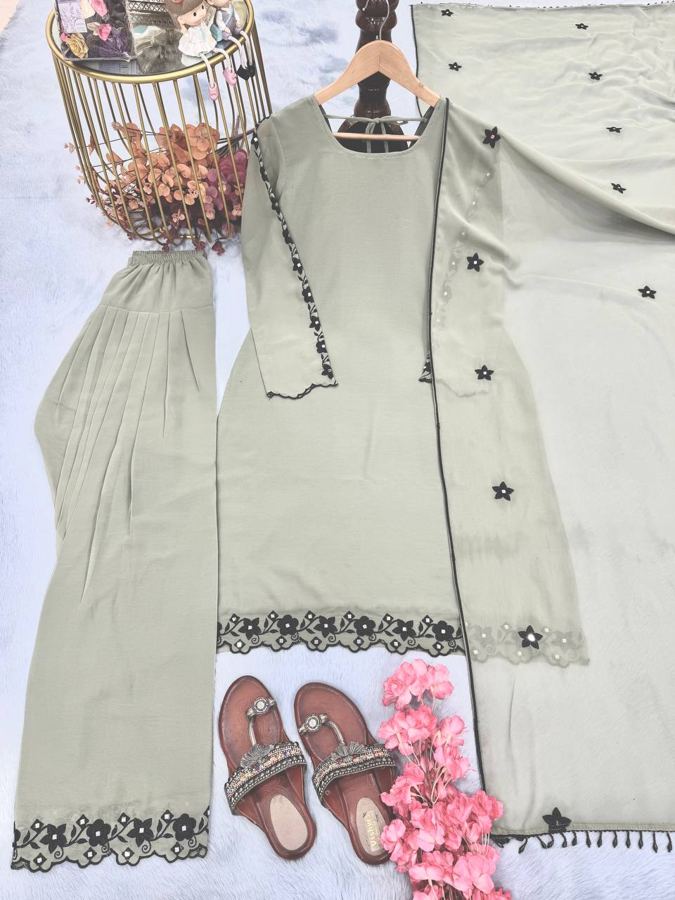 Gray Elegant Mirror Work Faux Georgette Set Embroidered Top, Farshi Plazzo & Dupatta