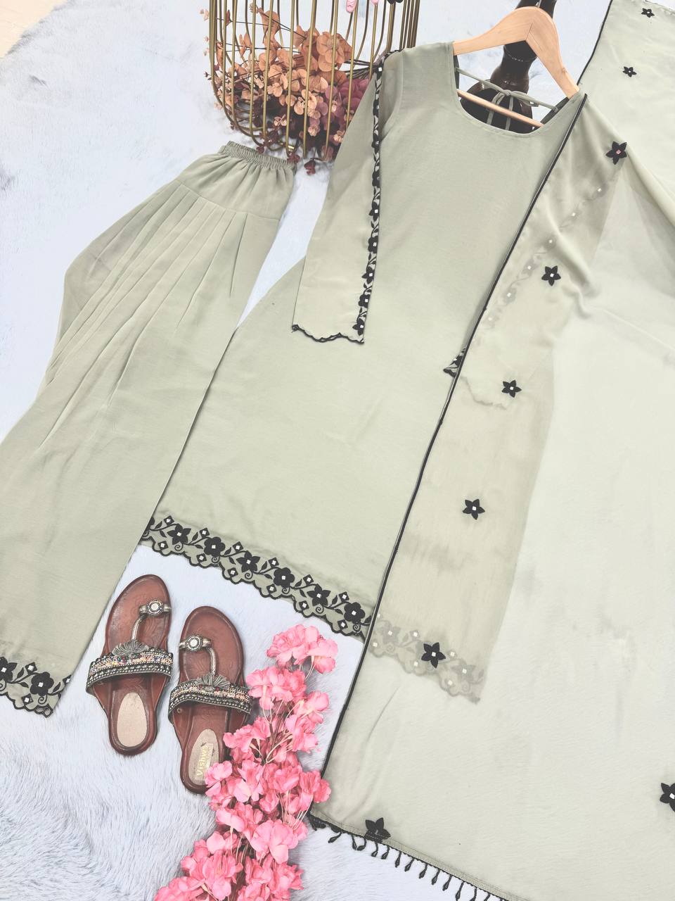 Gray Elegant Mirror Work Faux Georgette Set Embroidered Top, Farshi Plazzo & Dupatta