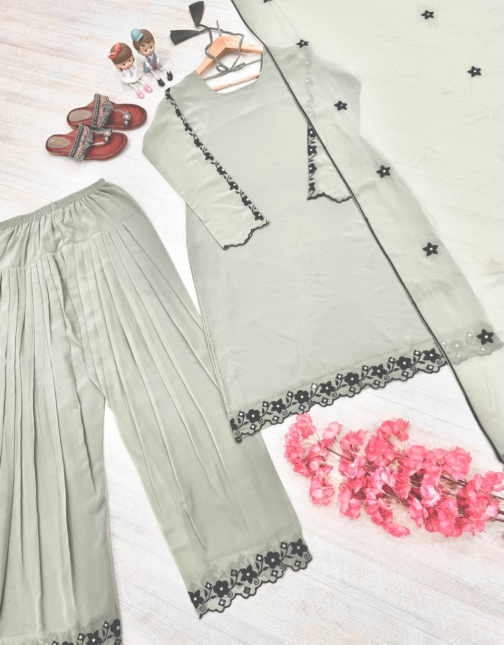Gray Elegant Mirror Work Faux Georgette Set Embroidered Top, Farshi Plazzo & Dupatta