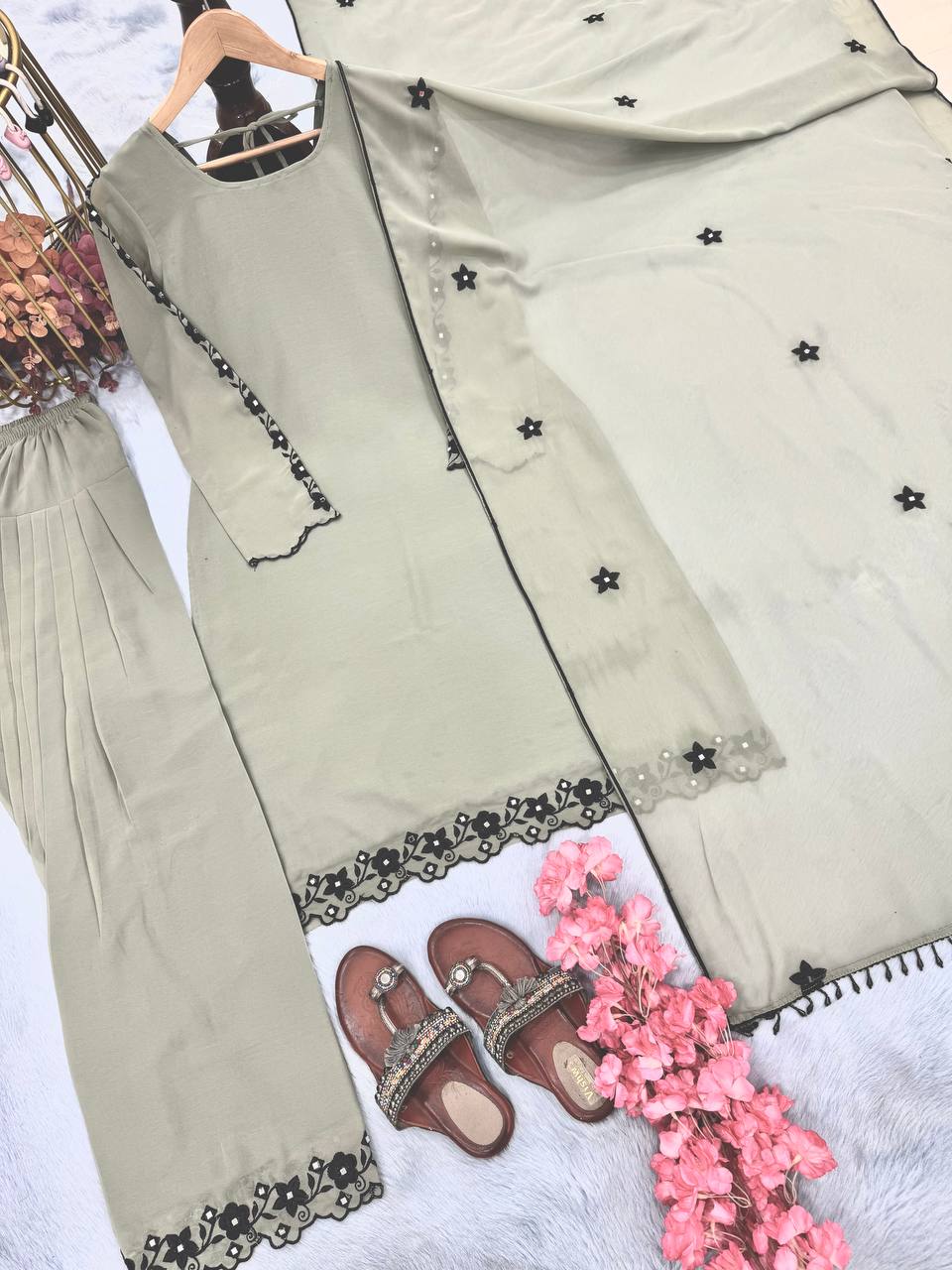 Gray Elegant Mirror Work Faux Georgette Set Embroidered Top, Farshi Plazzo & Dupatta