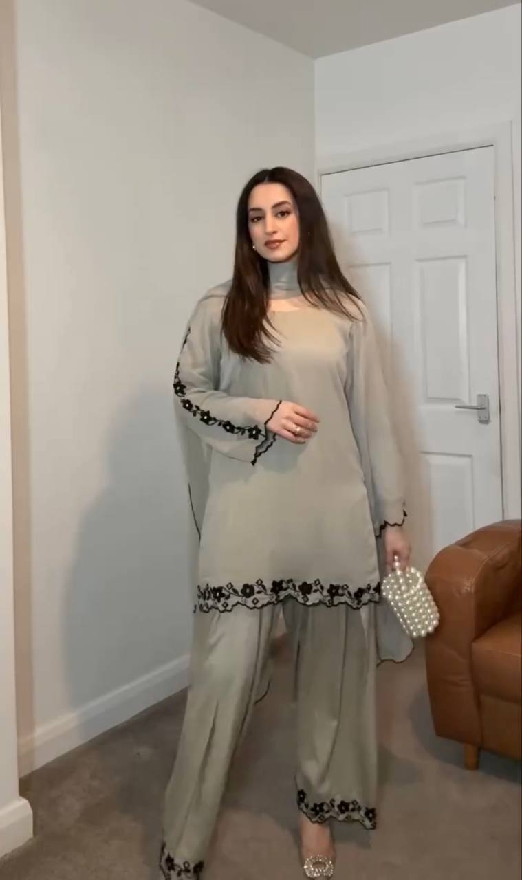Gray Elegant Mirror Work Faux Georgette Set Embroidered Top, Farshi Plazzo & Dupatta