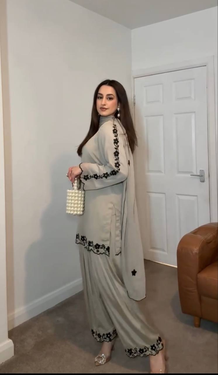 Gray Elegant Mirror Work Faux Georgette Set Embroidered Top, Farshi Plazzo & Dupatta