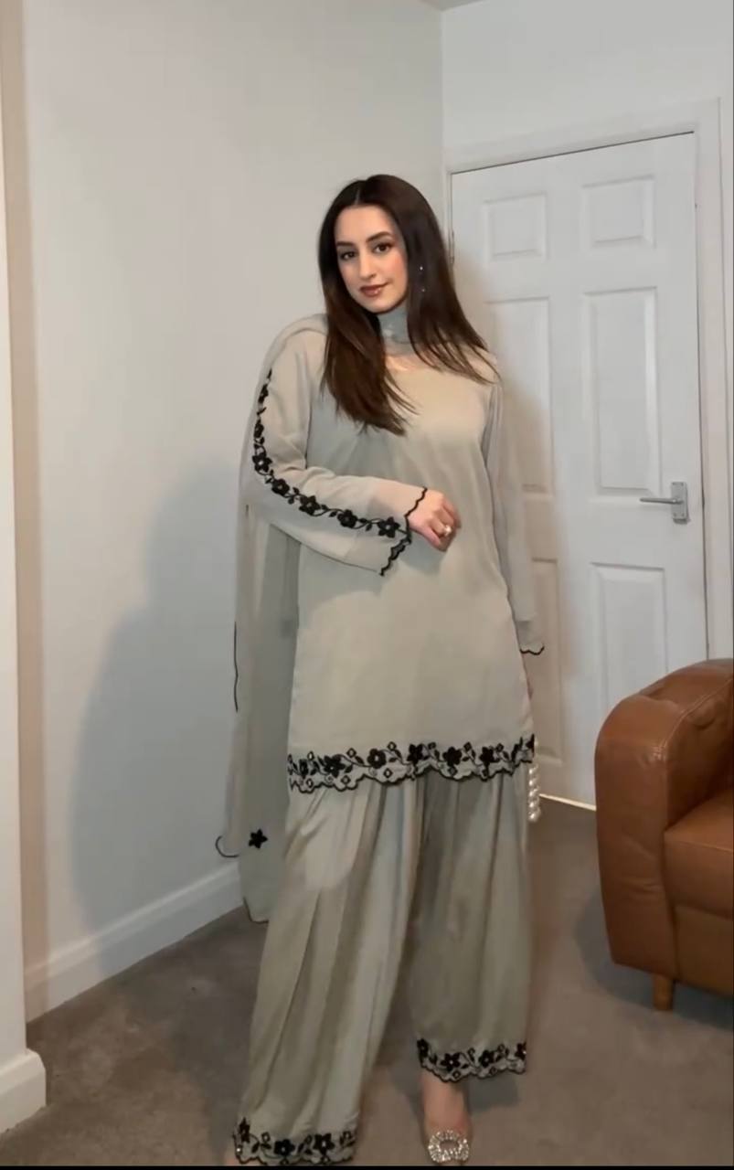 Gray Elegant Mirror Work Faux Georgette Set Embroidered Top, Farshi Plazzo & Dupatta