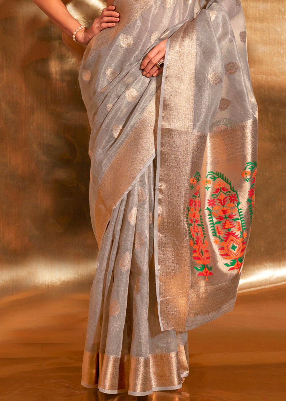 Gray Elegant Tissue Paithani Silk Saree with Designer Border & Embroidered Pallu