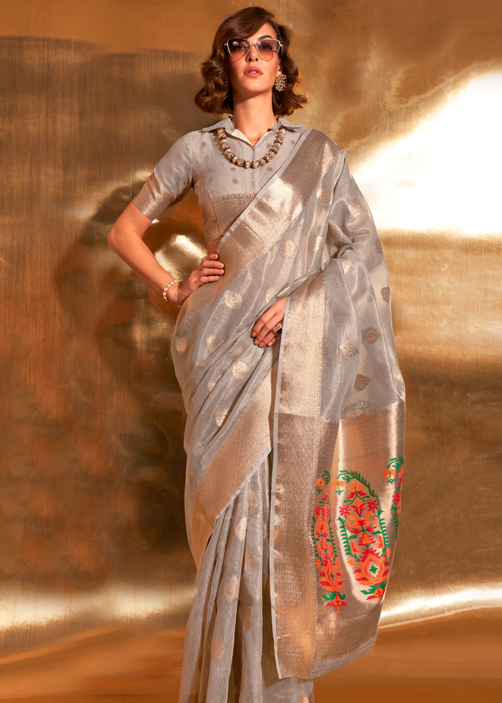 Gray Elegant Tissue Paithani Silk Saree with Designer Border & Embroidered Pallu