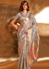 Gray Elegant Tissue Paithani Silk Saree with Designer Border & Embroidered Pallu