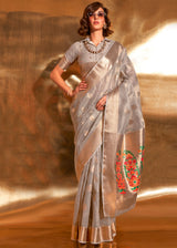 Gray Elegant Tissue Paithani Silk Saree with Designer Border & Embroidered Pallu