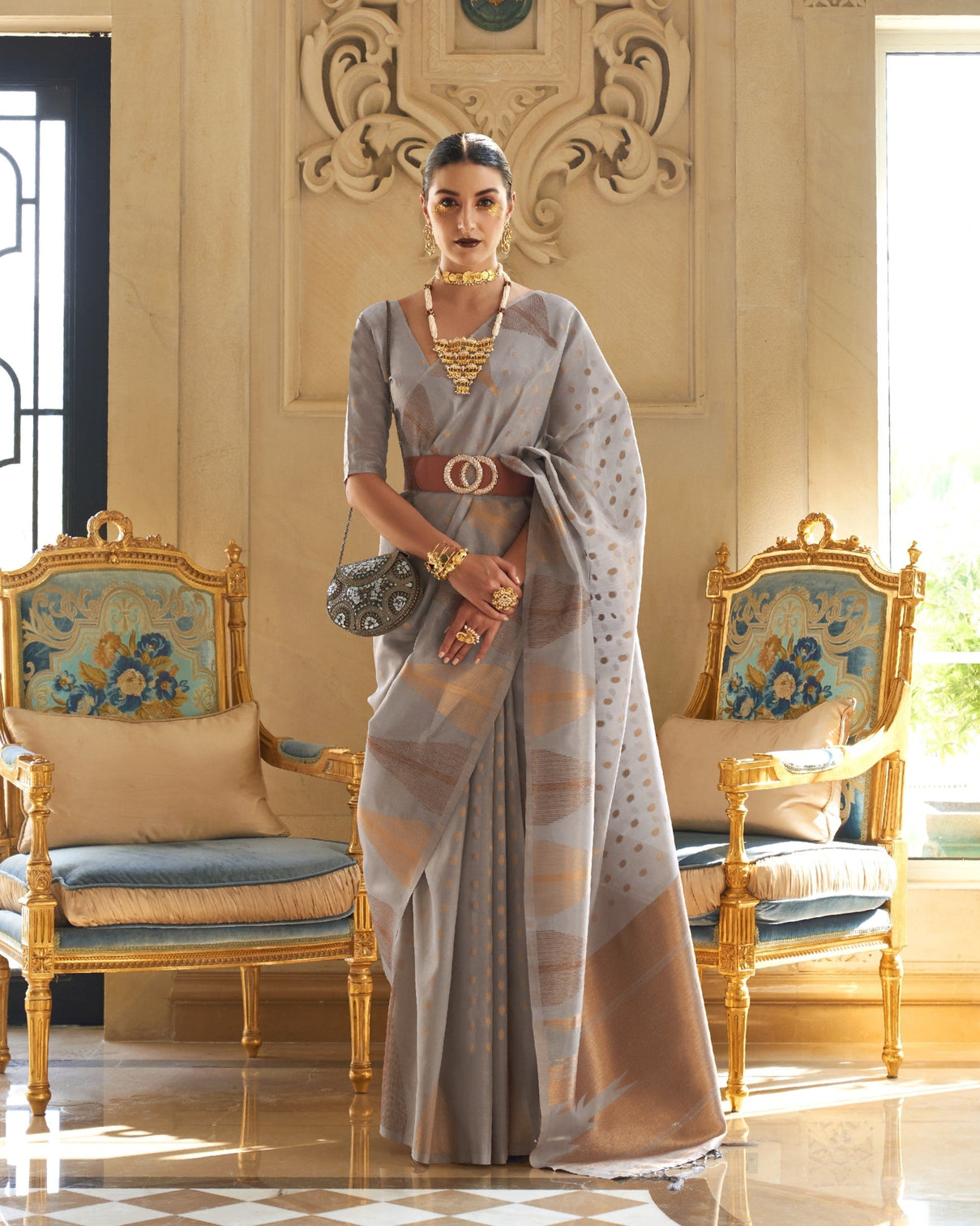 Gray Embroidered Banarasi Tissue Saree with Tassels