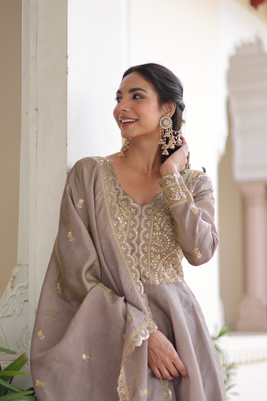 Gray Gold Crush Anarkali Gown