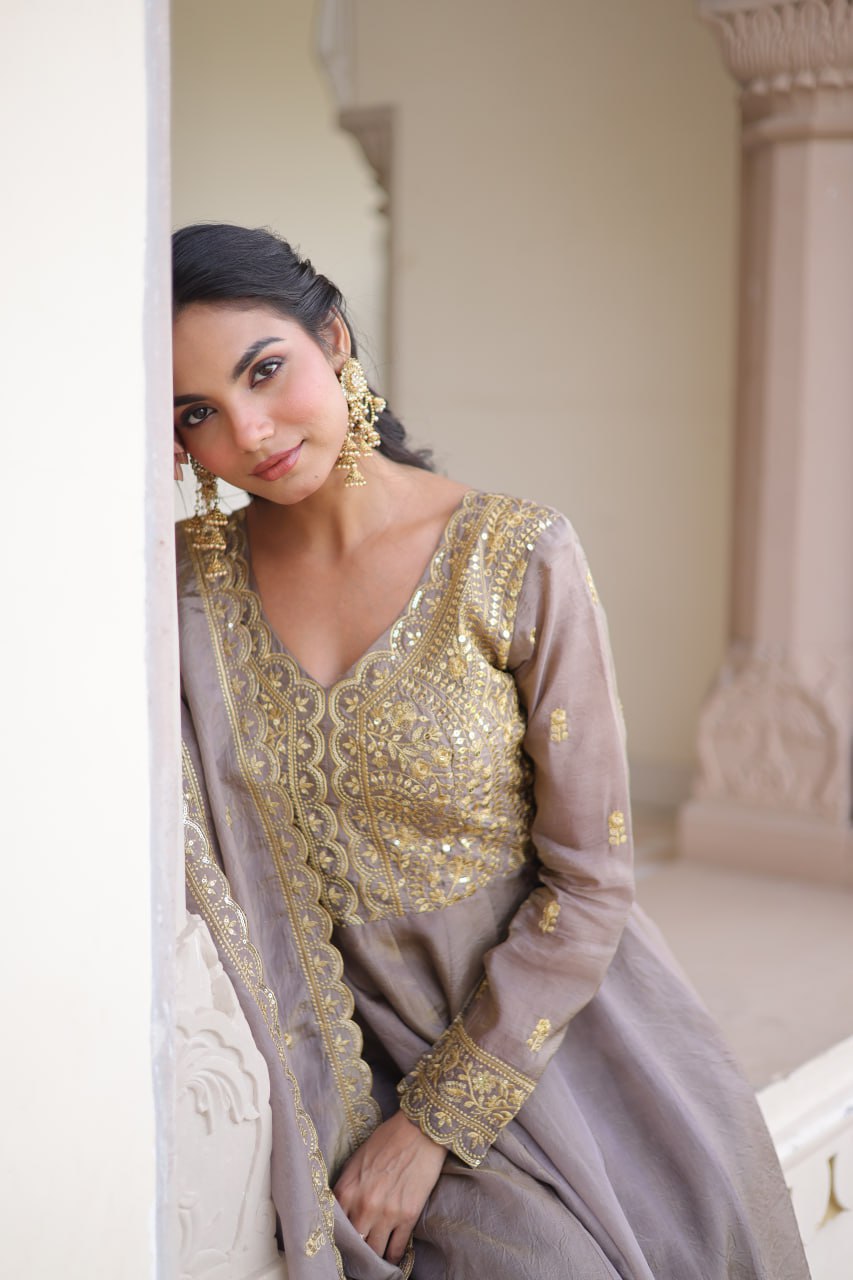 Gray Gold Crush Anarkali Gown