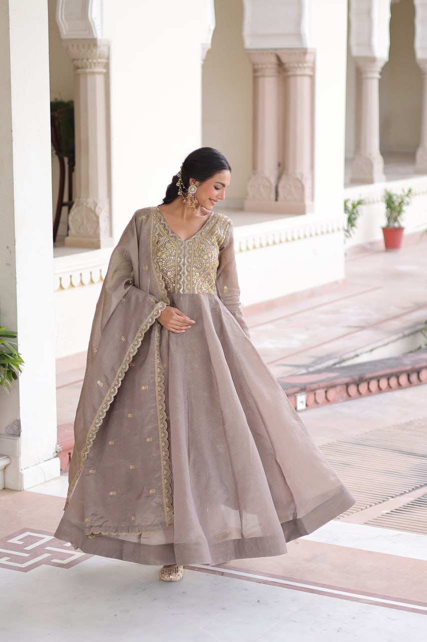 Gray Gold Crush Anarkali Gown