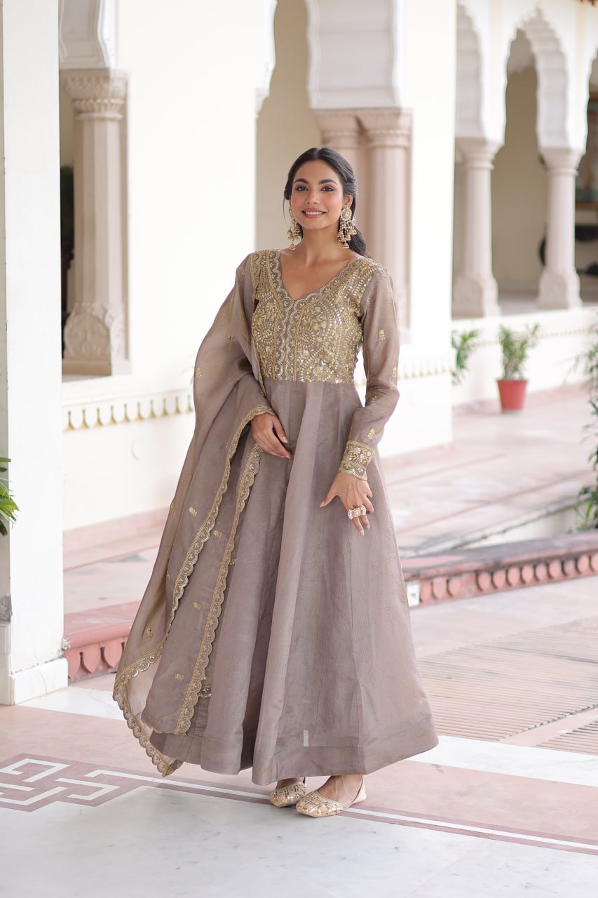 Gray Gold Crush Anarkali Gown