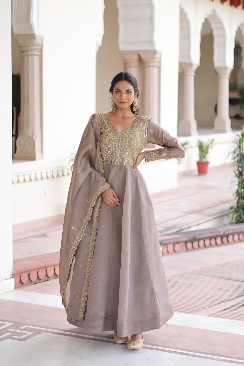Gray Gold Crush Anarkali Gown