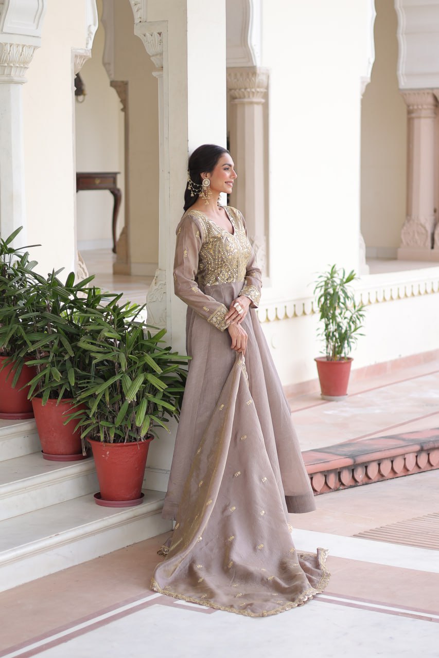 Gray Gold Crush Anarkali Gown