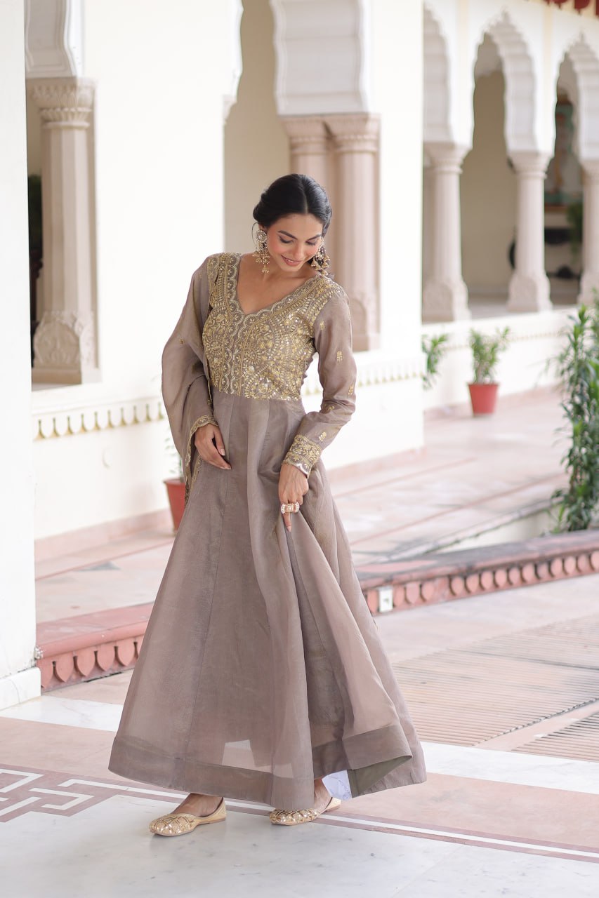 Gray Gold Crush Anarkali Gown